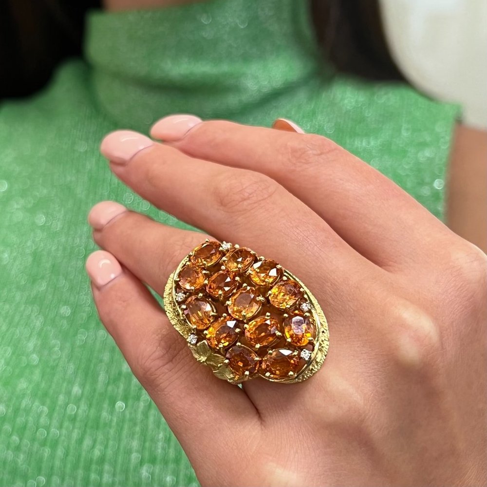 17.05Cttw Golden Orange Sapphires & Diamond Large Cocktail Ring 18K Yellow Gold